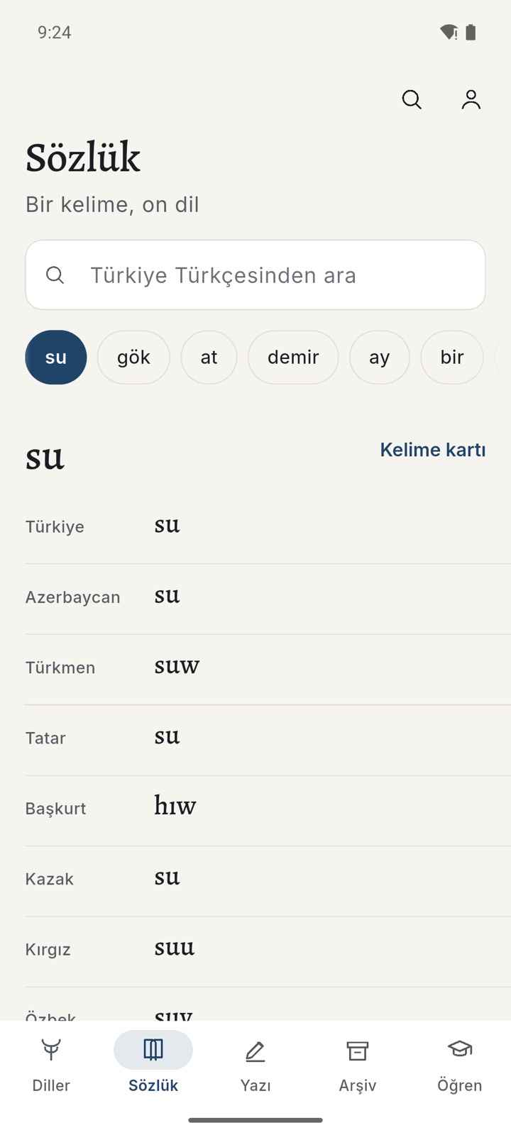 Sözlük ekranı: bir kelimenin yirmi Türk dilindeki karşılıkları