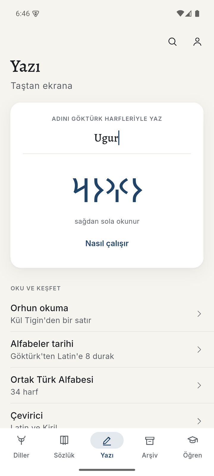 Yazı sekmesi: adın Orhun harfleriyle yazılışı